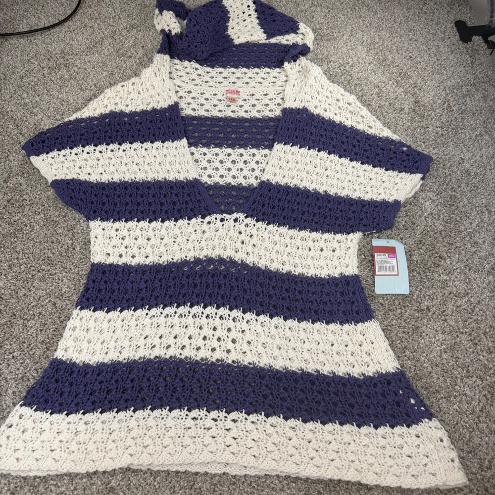 Mossimo XXL Striped Crochet Hooded Beach Cover Up Pullover Blue Cream NEW - Picture 8 of 9